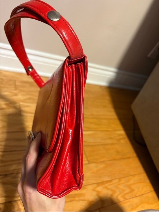 Red Leather Top-Handle Shoulder Bag with Silver D-Ring Accent - Picture 13 of 15